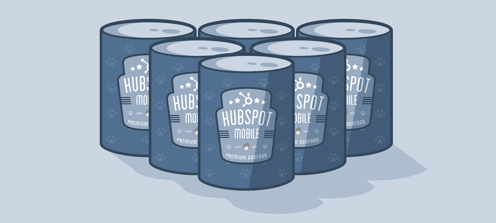 Cans of dog food, but the labels read "HubSpot Mobile"