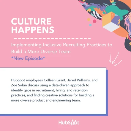 Culture Happens illustration with the name of the podcast episode: "Implementing Inclusive Recruiting Practices to Build a More Diverse Team"