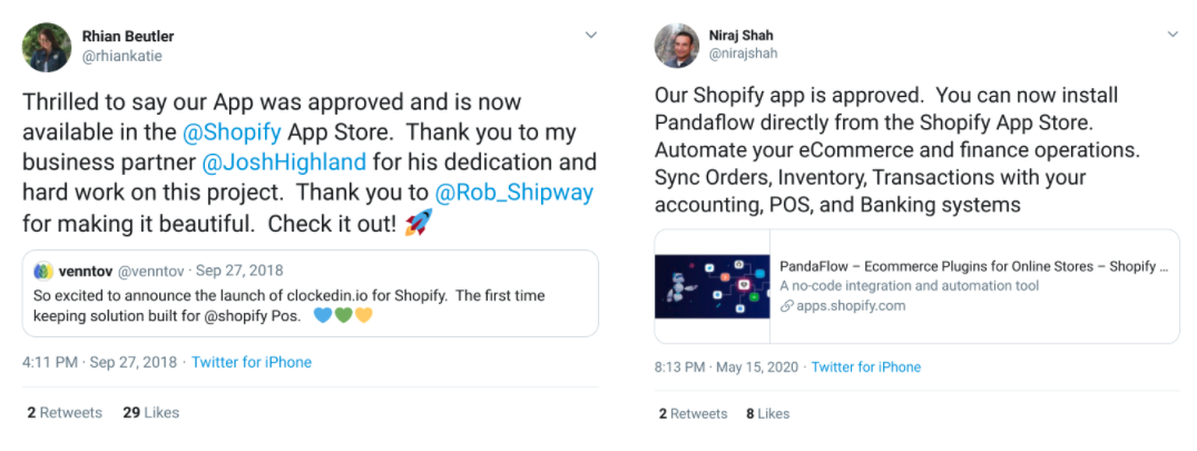 Tweets from creators of Shopify apps expressing excitement over their apps being approved