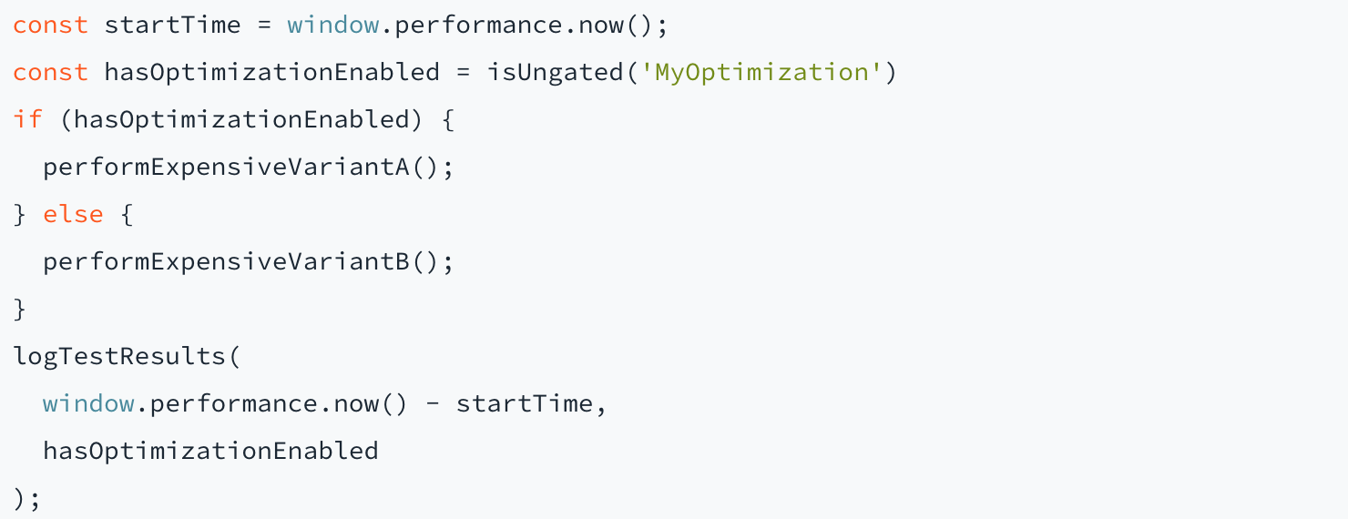 A look at the code we use:  const startTime = window.performance.now(); const hasOptimizationEnabled = isUngated('MyOptimization') if (hasOptimizationEnabled) {   performExpensiveVariantA(); } else {   performExpensiveVariantB(); } logTestResults(   window.performance.now() - startTime,   hasOptimizationEnabled );