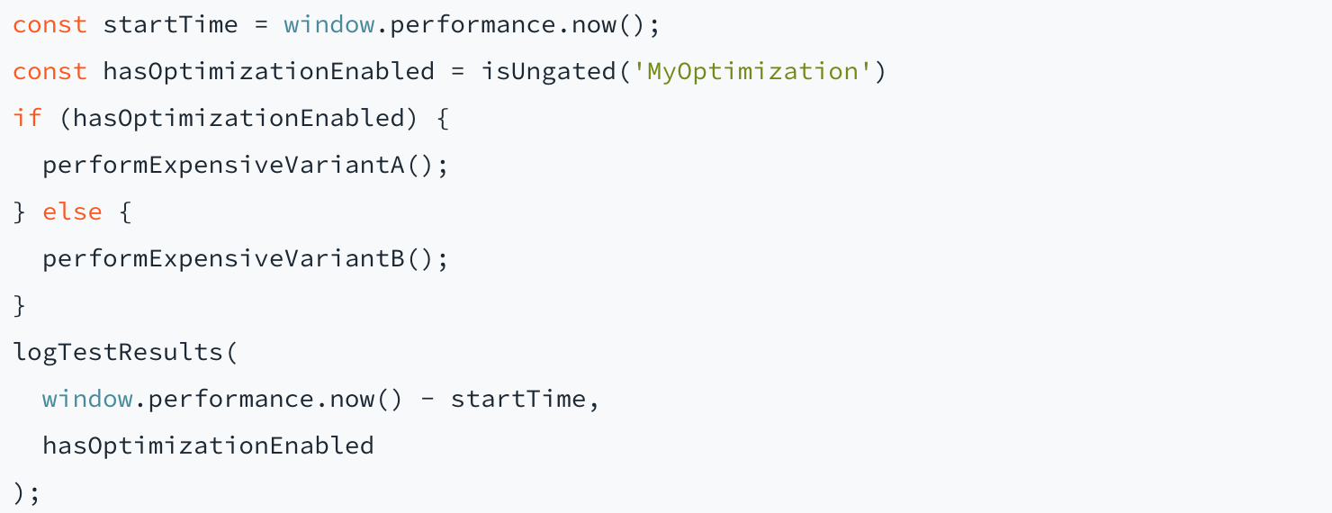A look at the code we use: const startTime = window.performance.now(); const hasOptimizationEnabled = isUngated('MyOptimization') if (hasOptimizationEnabled) { performExpensiveVariantA(); } else { performExpensiveVariantB(); } logTestResults( window.performance.now() - startTime, hasOptimizationEnabled );