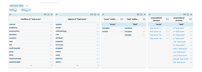 Example of a view from Sketch Engine of modifiers, objects, and prepositional phrases of "lead score."