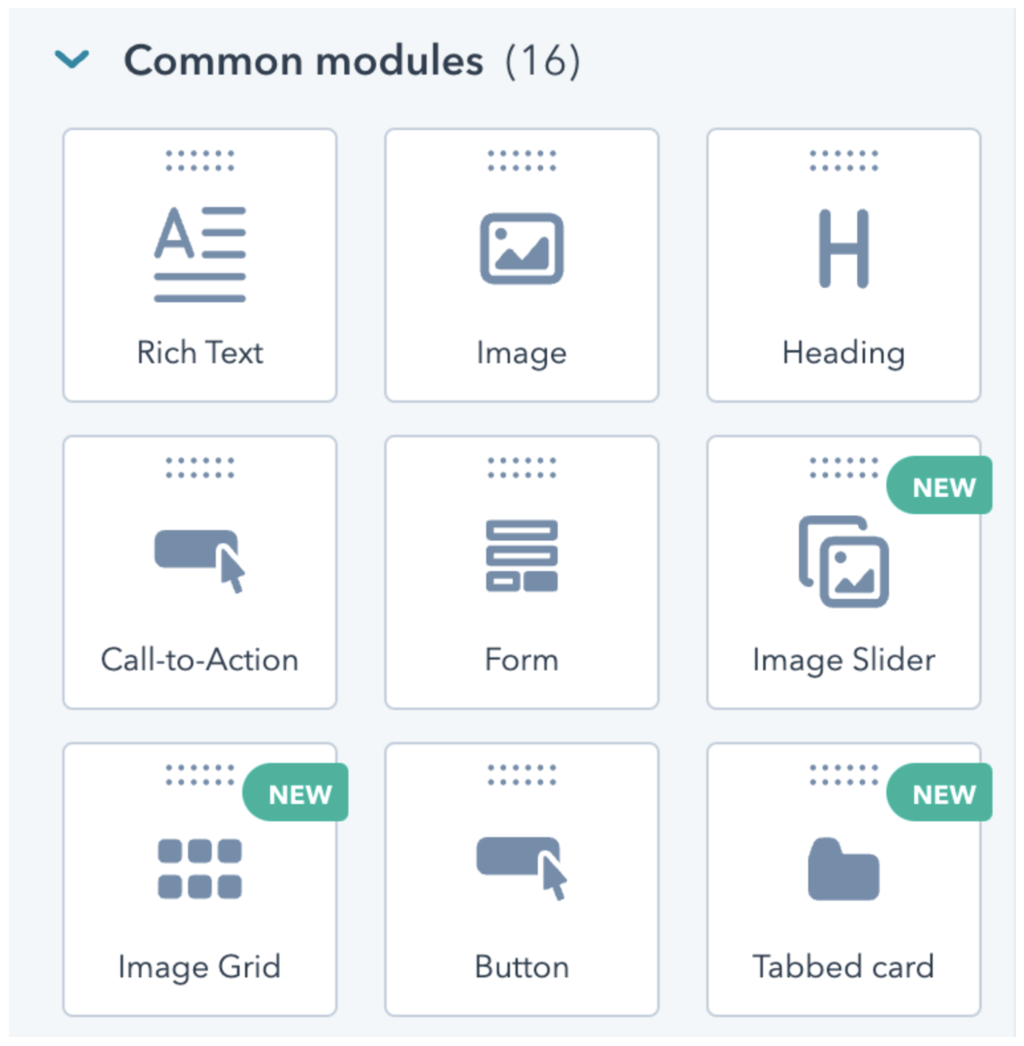 Image slider, image grid and tabbed card CMS additions, flagged as new when they were released.