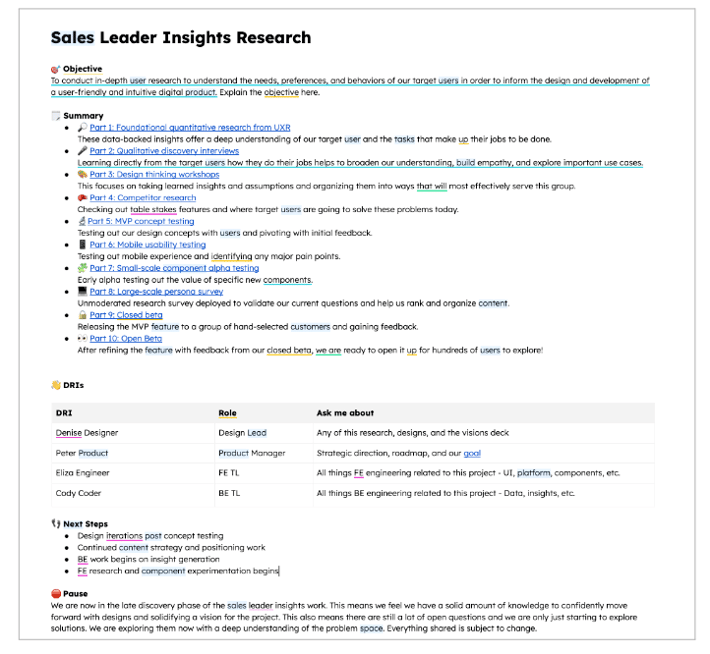  Research artifact used to organize findings and keep stakeholders informed on the process.