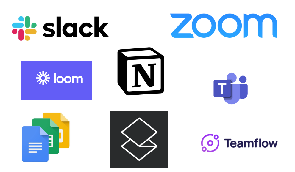 Logos of various communication tech companies, like Zoom, Slack, Loom, and Teamflow