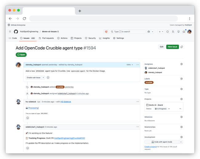 Screenshot of a GitHub issue where Sidekick is assigned and responds that it has started working on the issue